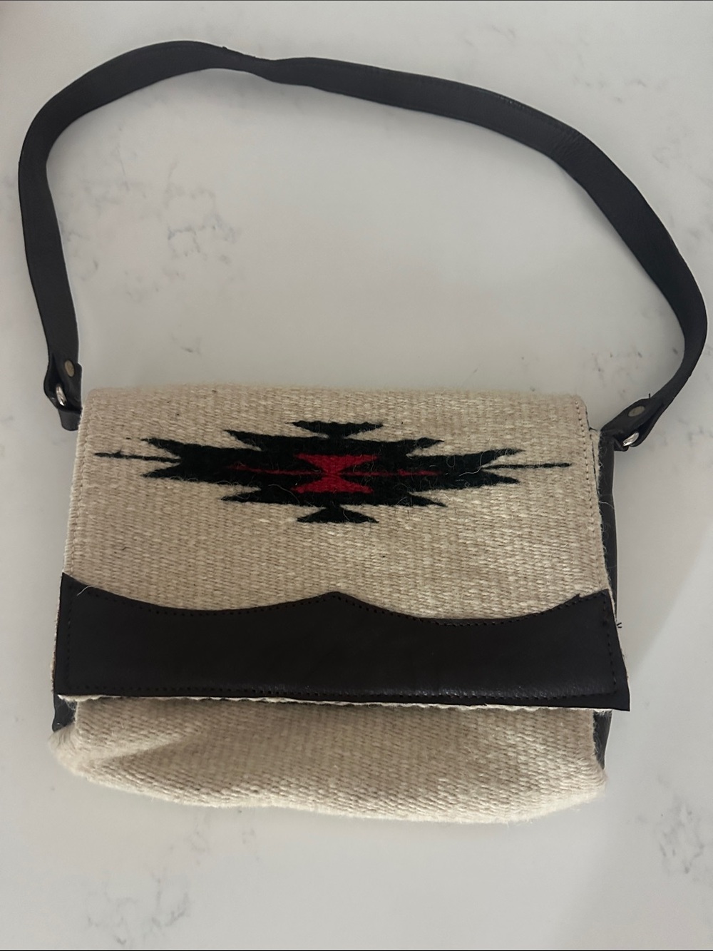 Woven Aztec Crossbody Bag with Black Leather Trim
